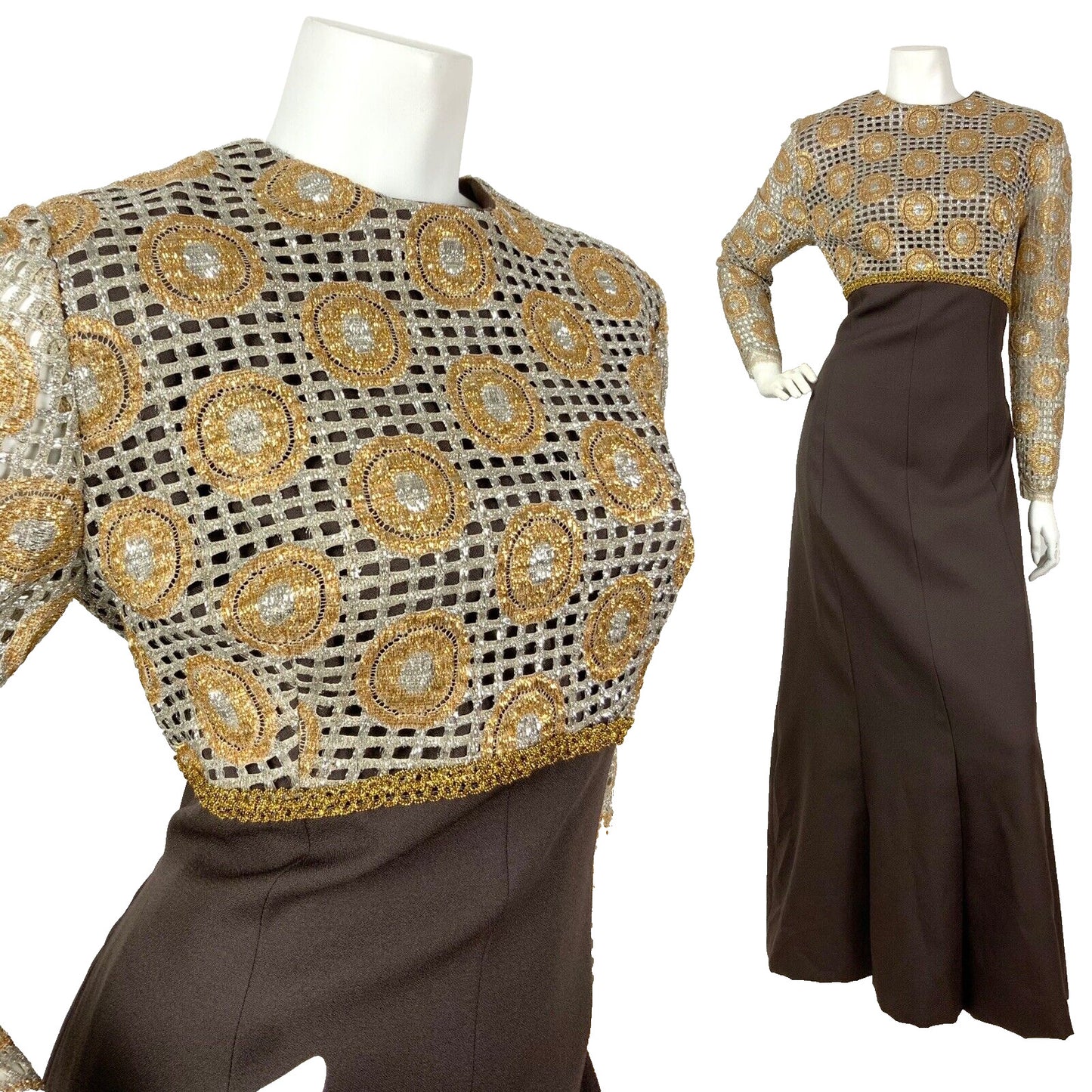 VINTAGE 60s 70s BROWN SILVER GOLD GEOMETRIC MESH PARTY DISCO MAXI DRESS 14 16