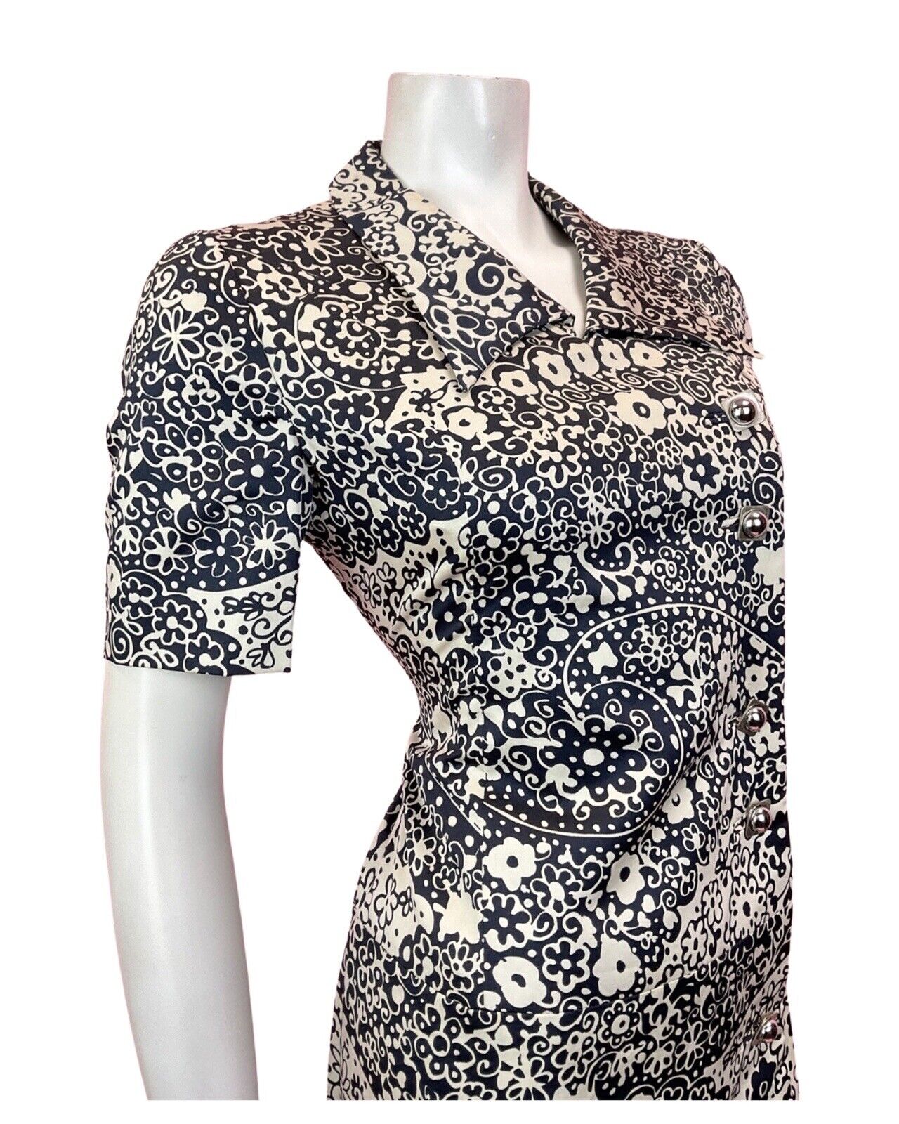 VINTAGE 60s 70s BLACK WHITE SILVER PSYCHEDELIC FLORAL MOD SHIRT DRESS 10 12