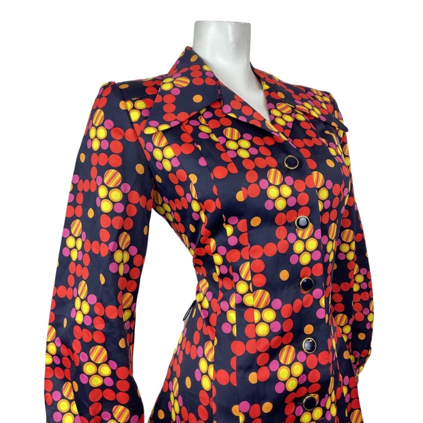 VINTAGE 60s 70s BLUE RED YELLOW PSYCHEDELIC DOTTY MOD DAGGER SHIRT DRESS 14 16