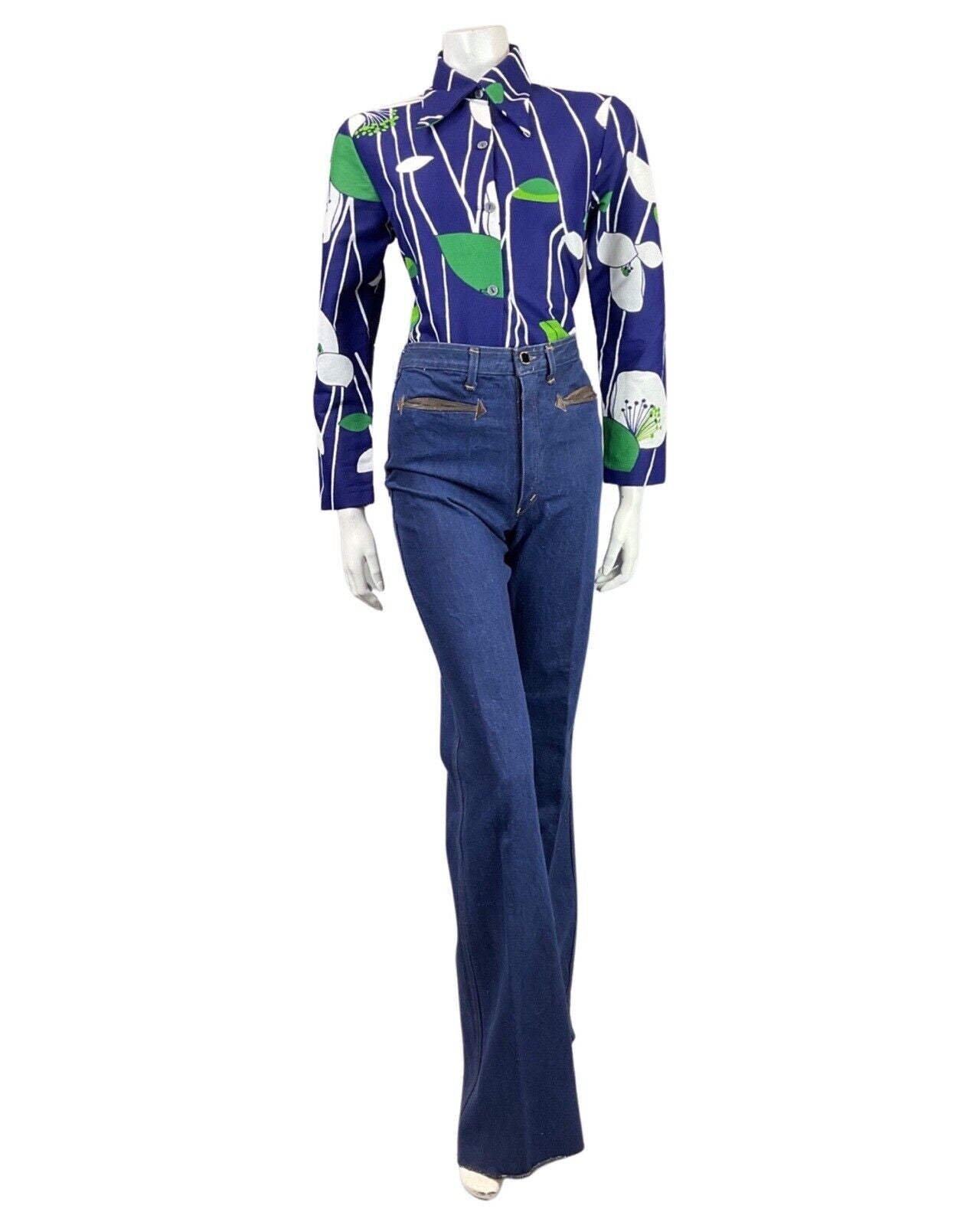 VINTAGE 60s 70s NAVY BLUE WHITE GREEN STRIPED LEAFY FLORAL DAGGER BLOUSE 14