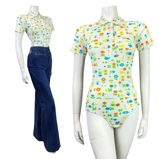 VINTAGE 60s 90s WHITE ORANGE GREEN DAISY TULIP FLORAL MOD SHIRT BODYSUIT 8 10