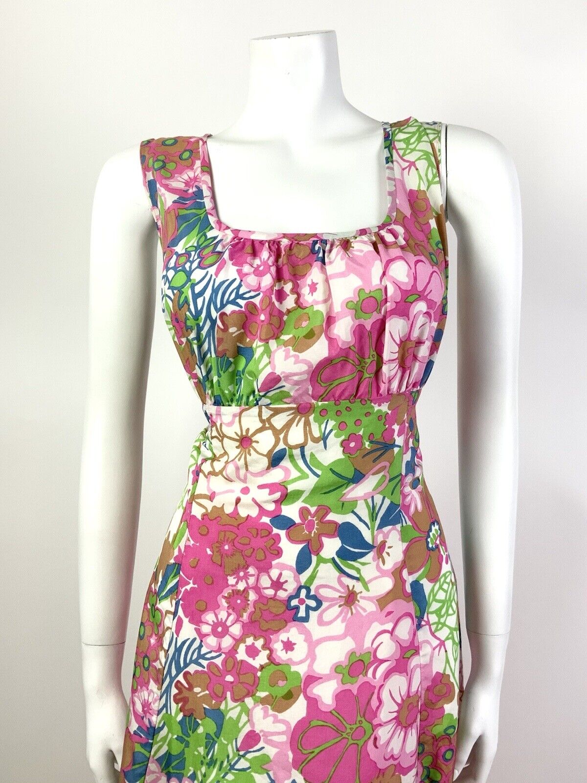 VINTAGE 60s 70s PINK WHITE GREEN BLUE PSYCHEDELIC FLORAL MOD EMPIRE DRESS 12 14