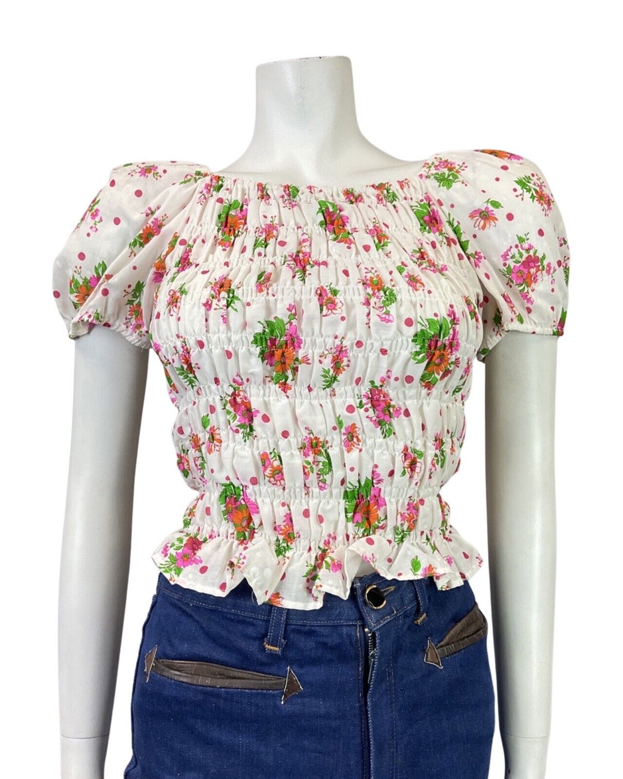 VINTAGE 70s WHITE PINK GREEN FLORAL DITTY SHIRRED PUFF-SLEEVE BOHO FOLK BLOUSE 6