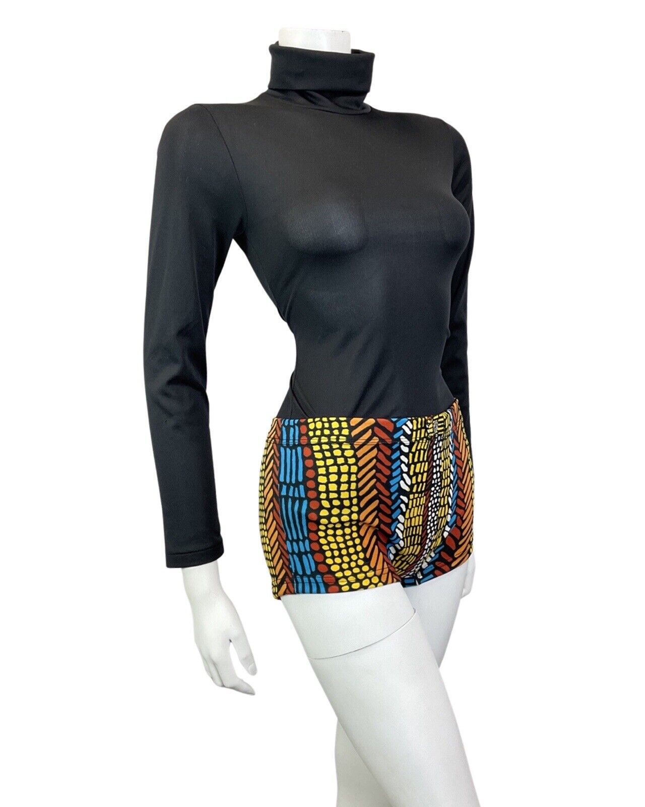 VINTAGE 60s 70s BLACK BLUE YELLOW GEOMETRIC DASH DOTTY HIPSTER SWIM SHORTS 10 12