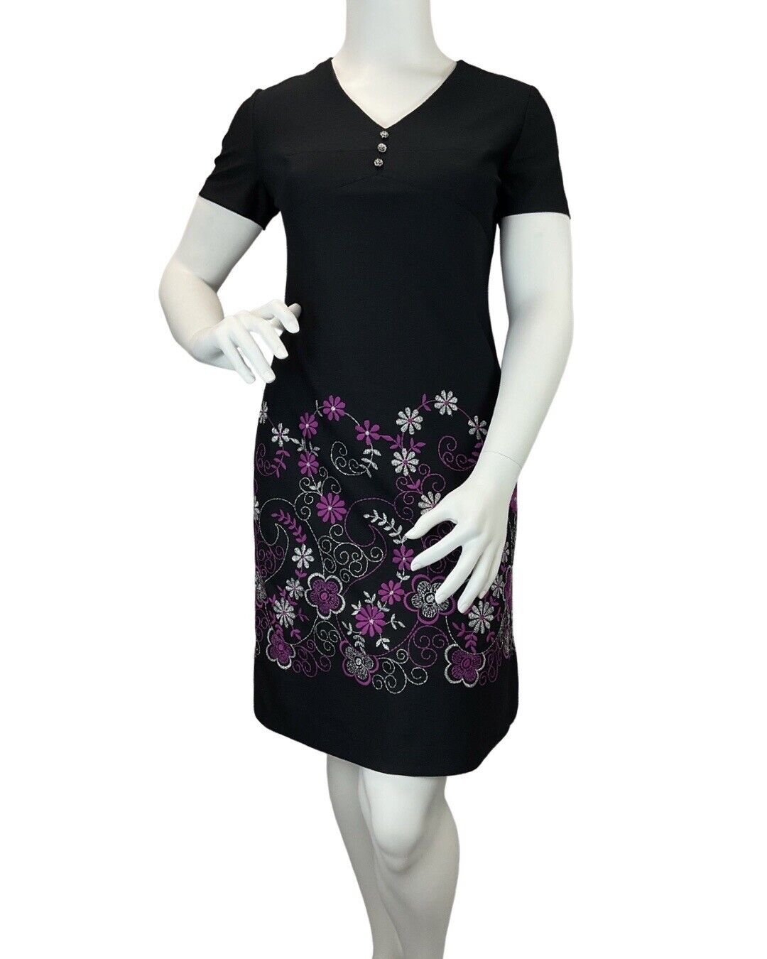 VINTAGE 60s 70s BLACK SILVER PURPLE SWIRLING FLOWER EMBROIDERED MOD DRESS 16