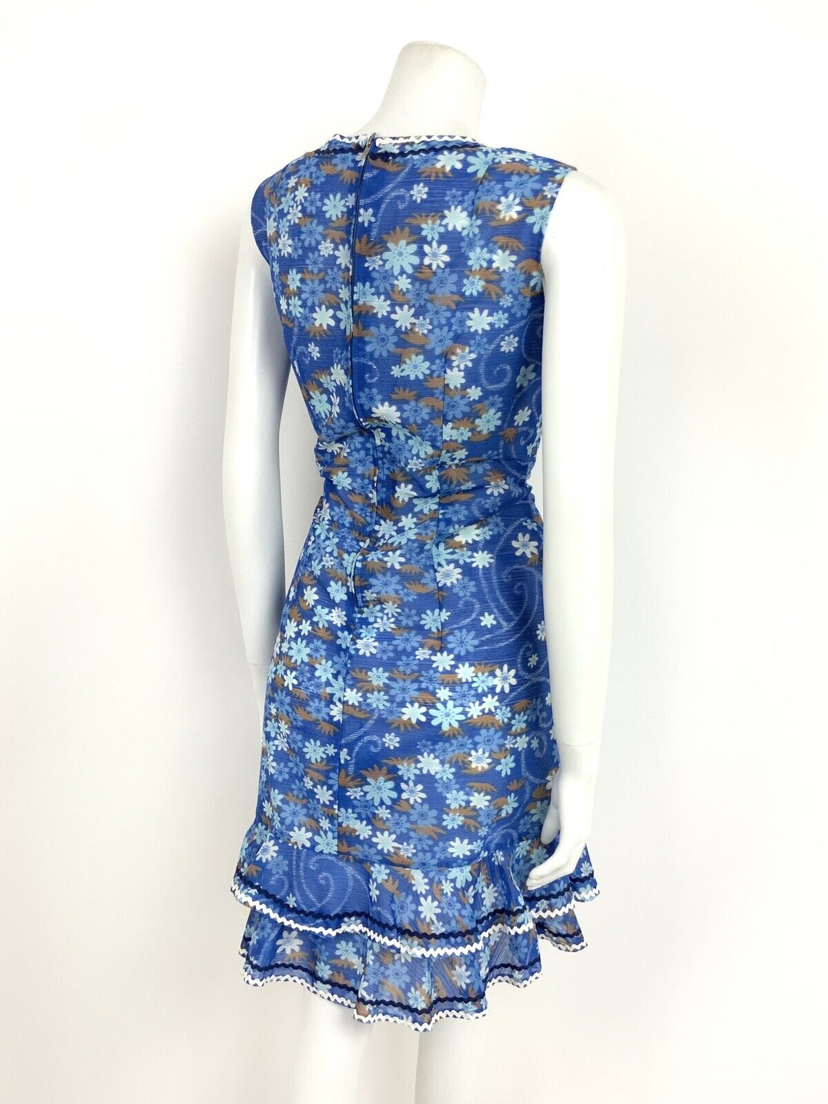 VTG 60s 70s PSYCHEDELIC BLUE WHITE BROWN FLORAL SWIRL RUFFLE TRIM DRESS 12 14
