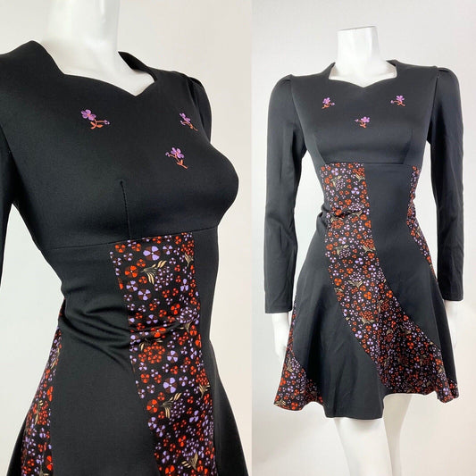 VINTAGE 60s 70s BLACK ORANGE PURPLE FLORAL EMBROIDERED MOD SKATER DRESS 10 12