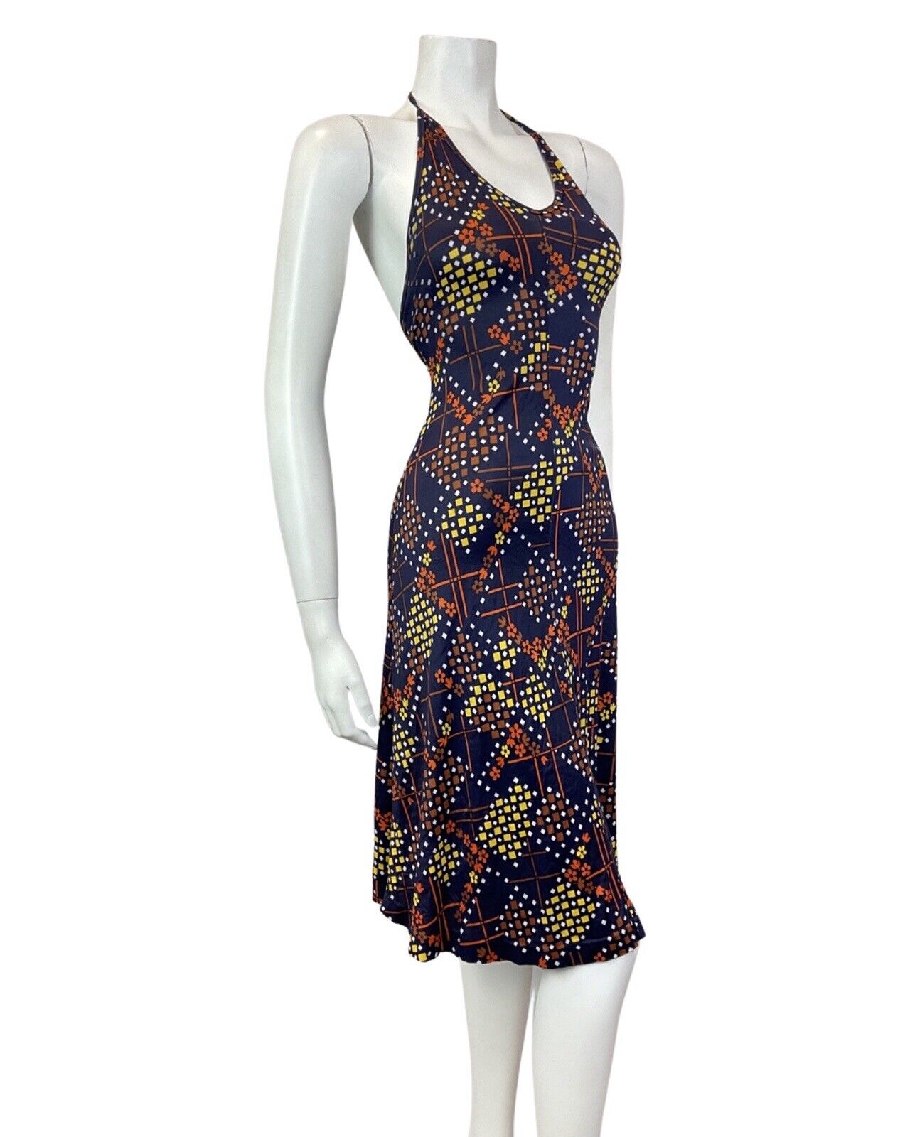 VINTAGE 60s 70s BLUE BROWN YELLOW GEOMETRIC MOD SUMMER HALTER DRESS 8