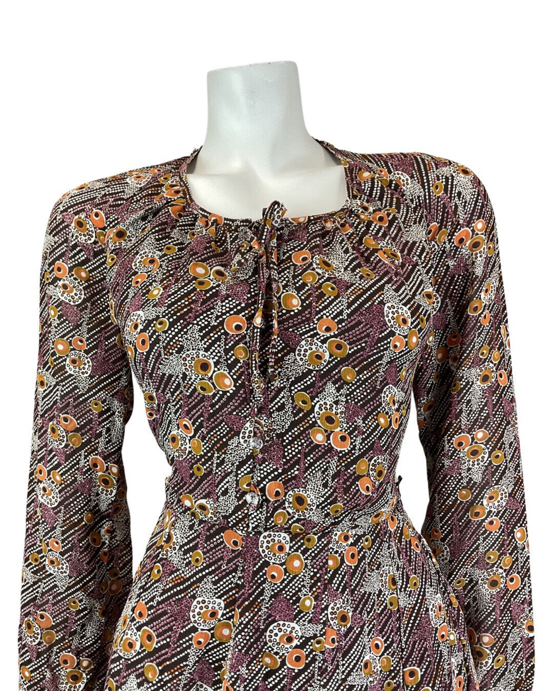 VINTAGE 60s 70s BROWN PURPLE WHITE DOTTY PSYCHEDELIC MOD SWING DRESS 10