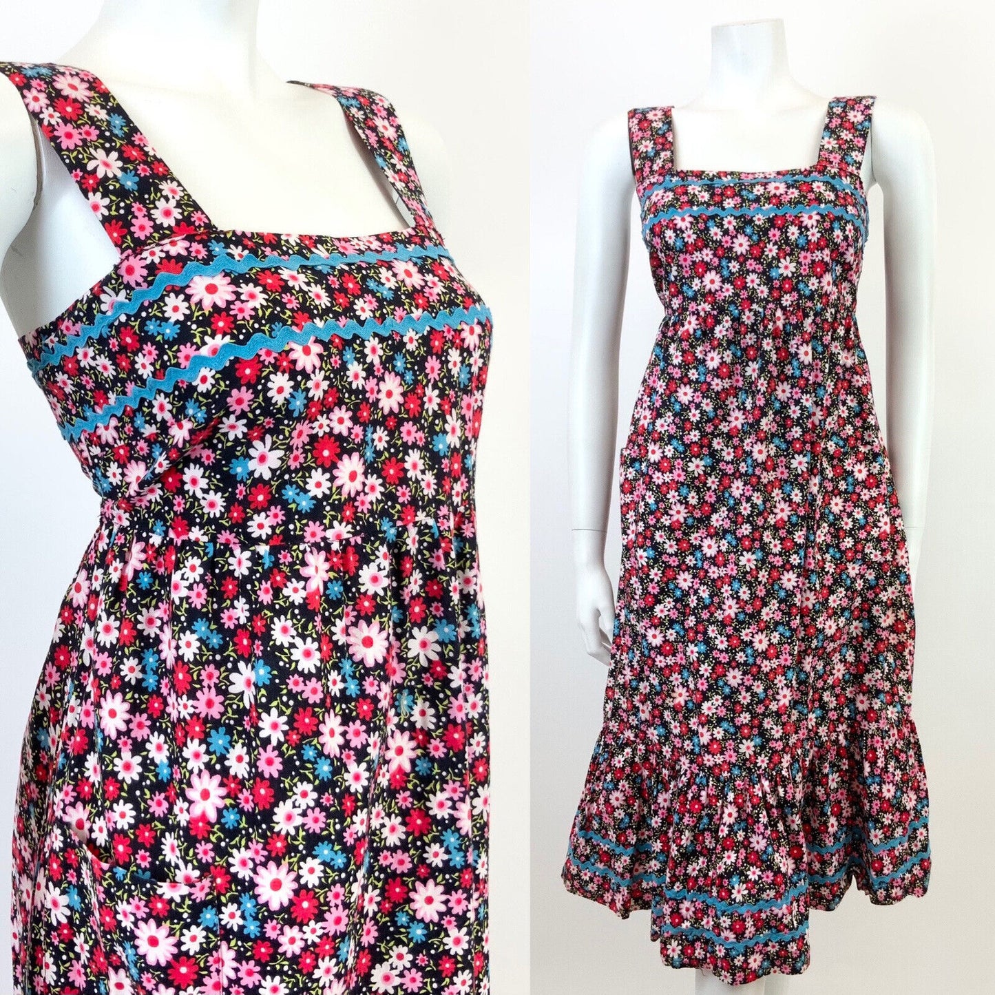 VTG 60s 70s BLACK PINK BLUE RED FLORAL DAISY RIC RAC MOD TENT EMPIRE DRESS 8 10