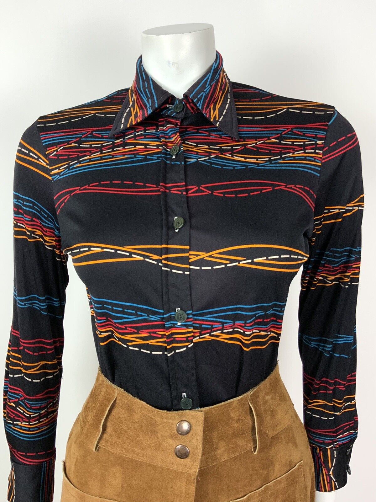 VINTAGE 60s 70s BLACK ORANGE BLUE RED WAVY STRIPED DAGGER COLLAR SHIRT 10 12