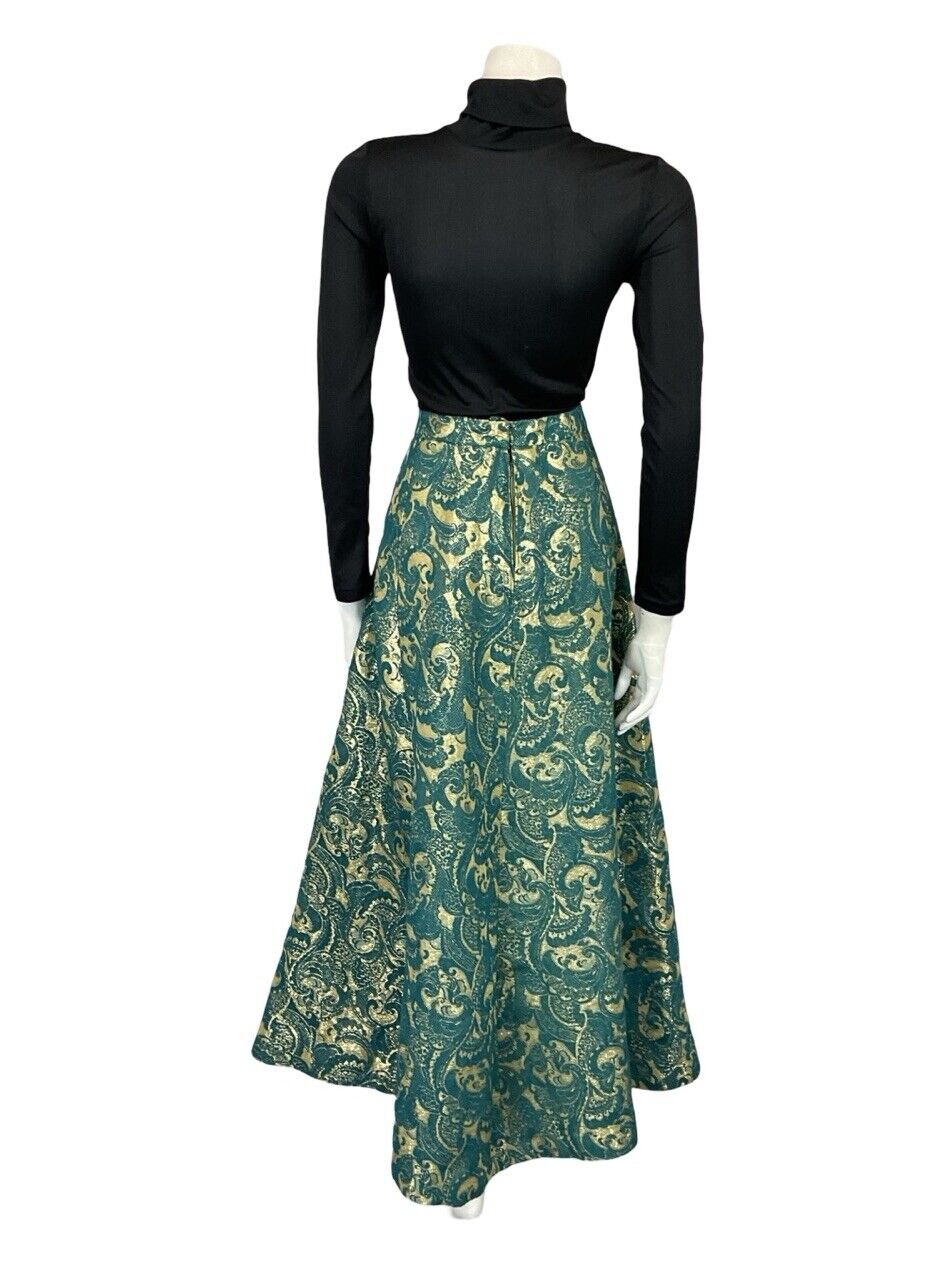 VTG 60S 70S TEAL BLUE GOLD BROCADE METALLIC PARTY FORMAL A. LINE MAXI SKIRT 12