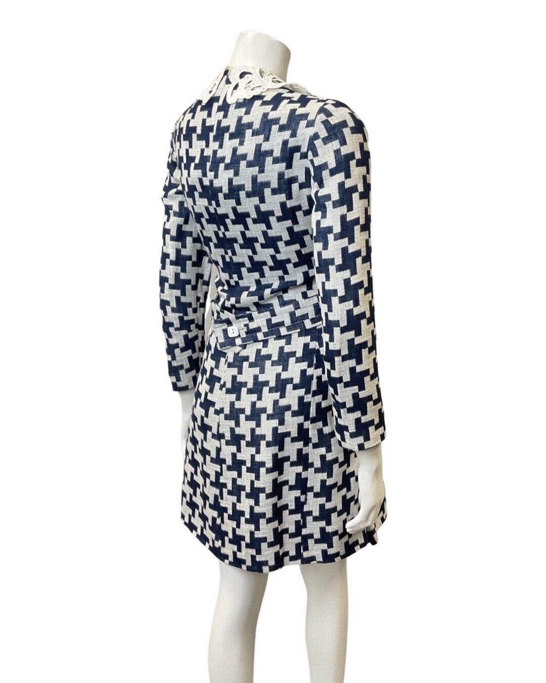 VINTAGE 70s 90s BLUE WHITE GEOMETRIC TILED LACE MOD DRESS COAT 12