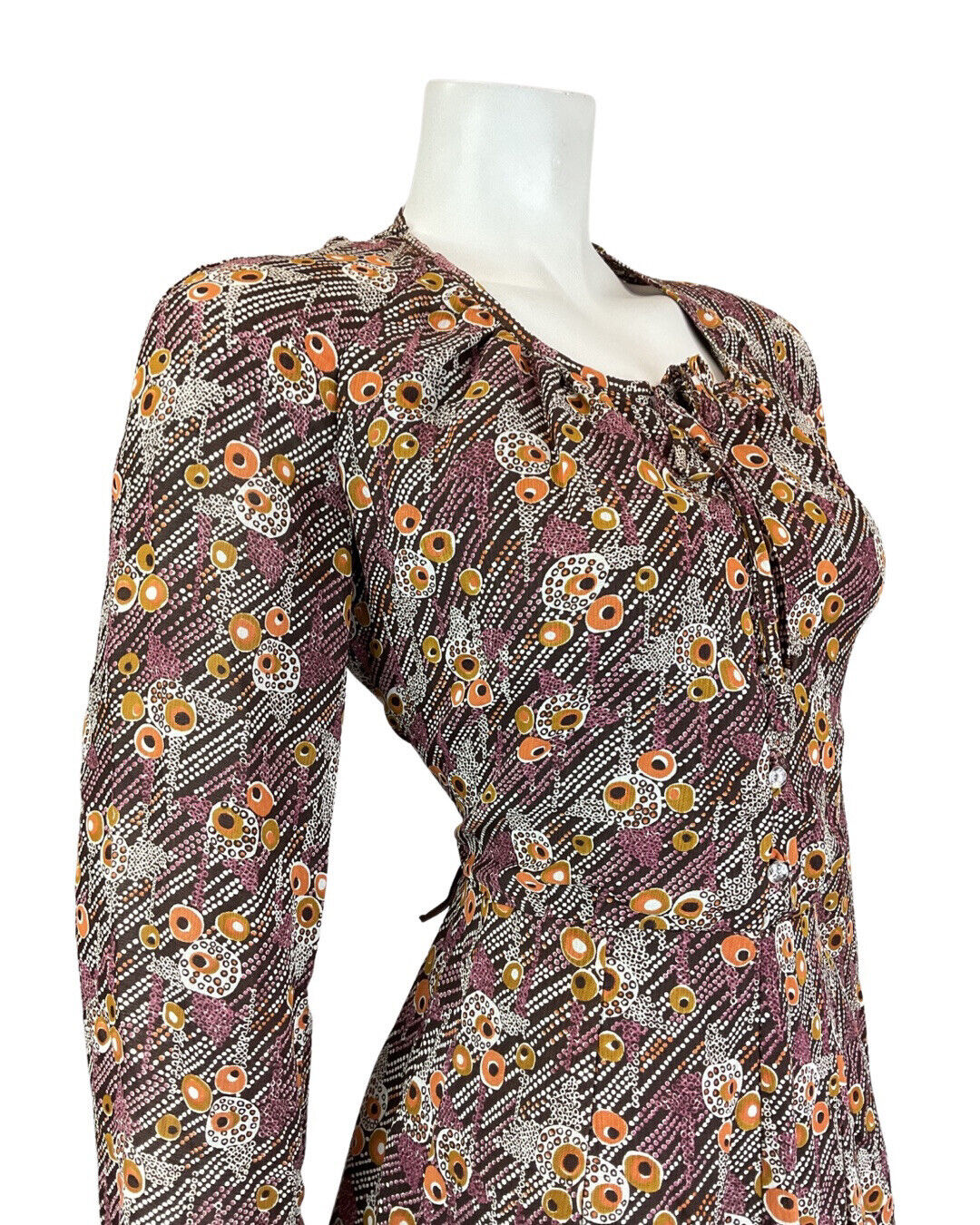 VINTAGE 60s 70s BROWN PURPLE WHITE DOTTY PSYCHEDELIC MOD SWING DRESS 10