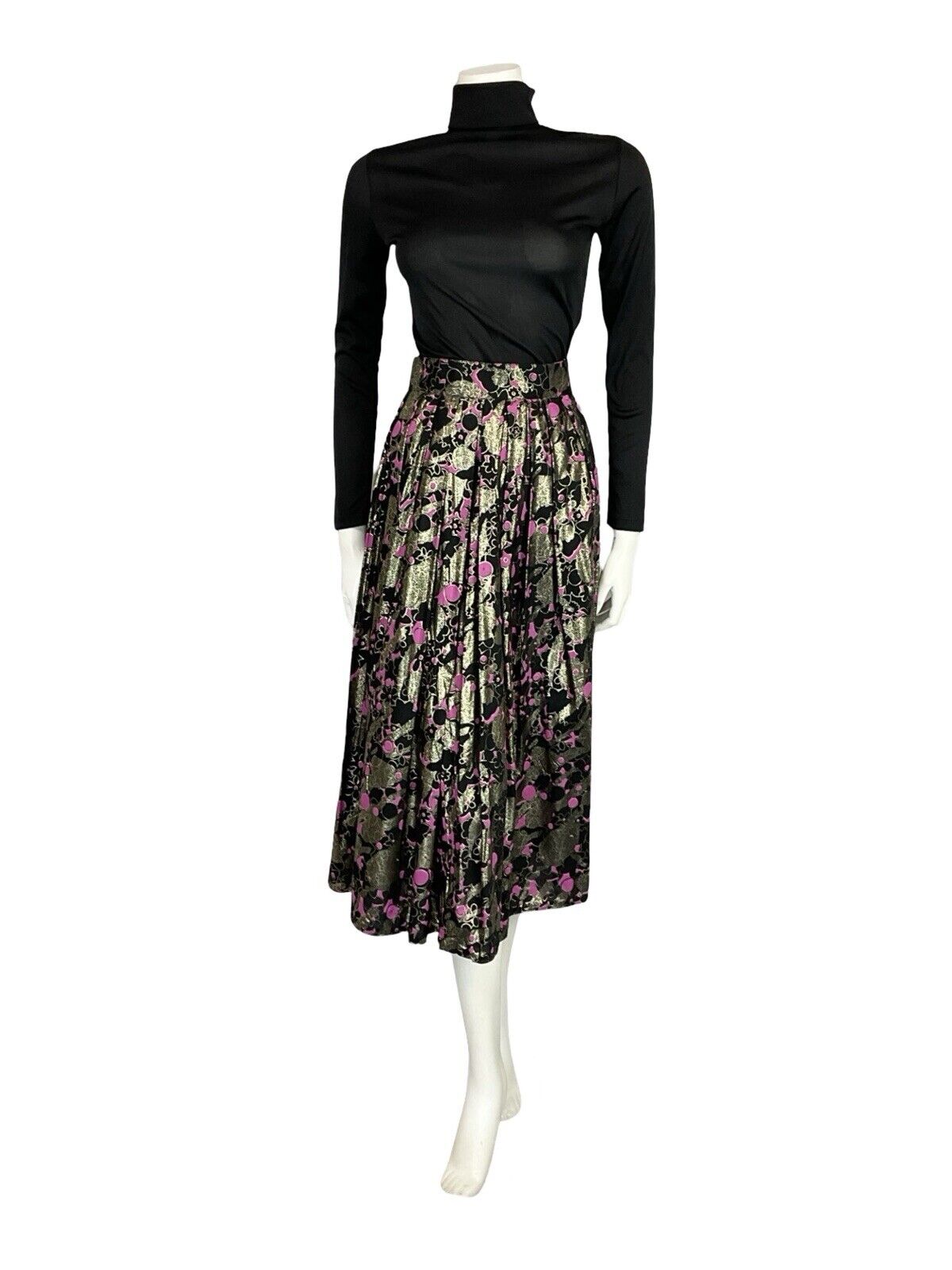VTG 70S BLACK PINK GOLD METALLIC FLORAL PLEATED NEW WAVE MIDI PARTY SKIRT 14 16