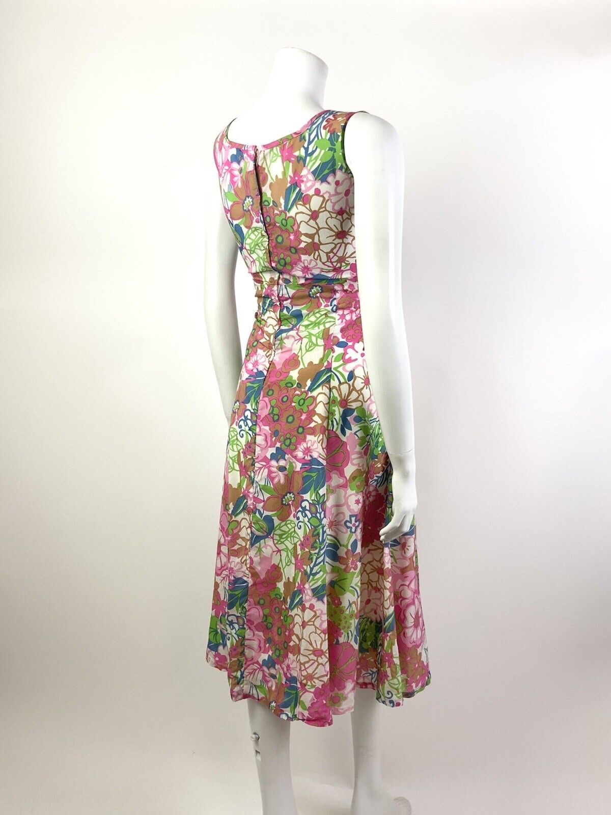VINTAGE 60s 70s PINK WHITE GREEN BLUE PSYCHEDELIC FLORAL MOD EMPIRE DRESS 12 14
