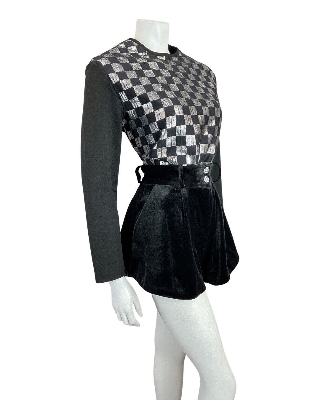 VINTAGE 60s 70s BLACK SILVER CHECKERBOARD MOD DISCO LONGSLEEVE BLOUSE TOP 14 16