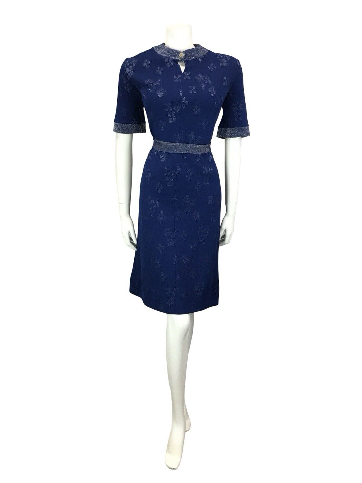 VTG 60S GLITTERY NAVY BLUE SILVER LUREX METALLIC KEYHOLE BELTED MIDI DRESS 12