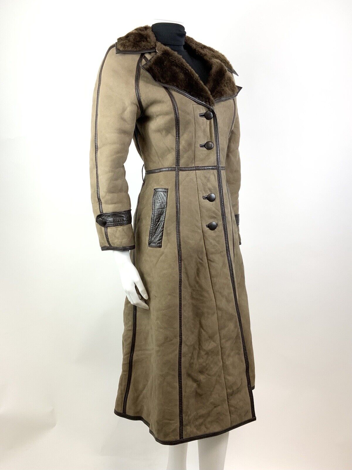 VTG 70s LIGHT BROWN PANELLED TIE WAIST SUEDE LEATHER DAGGER COLLAR COAT 8 10