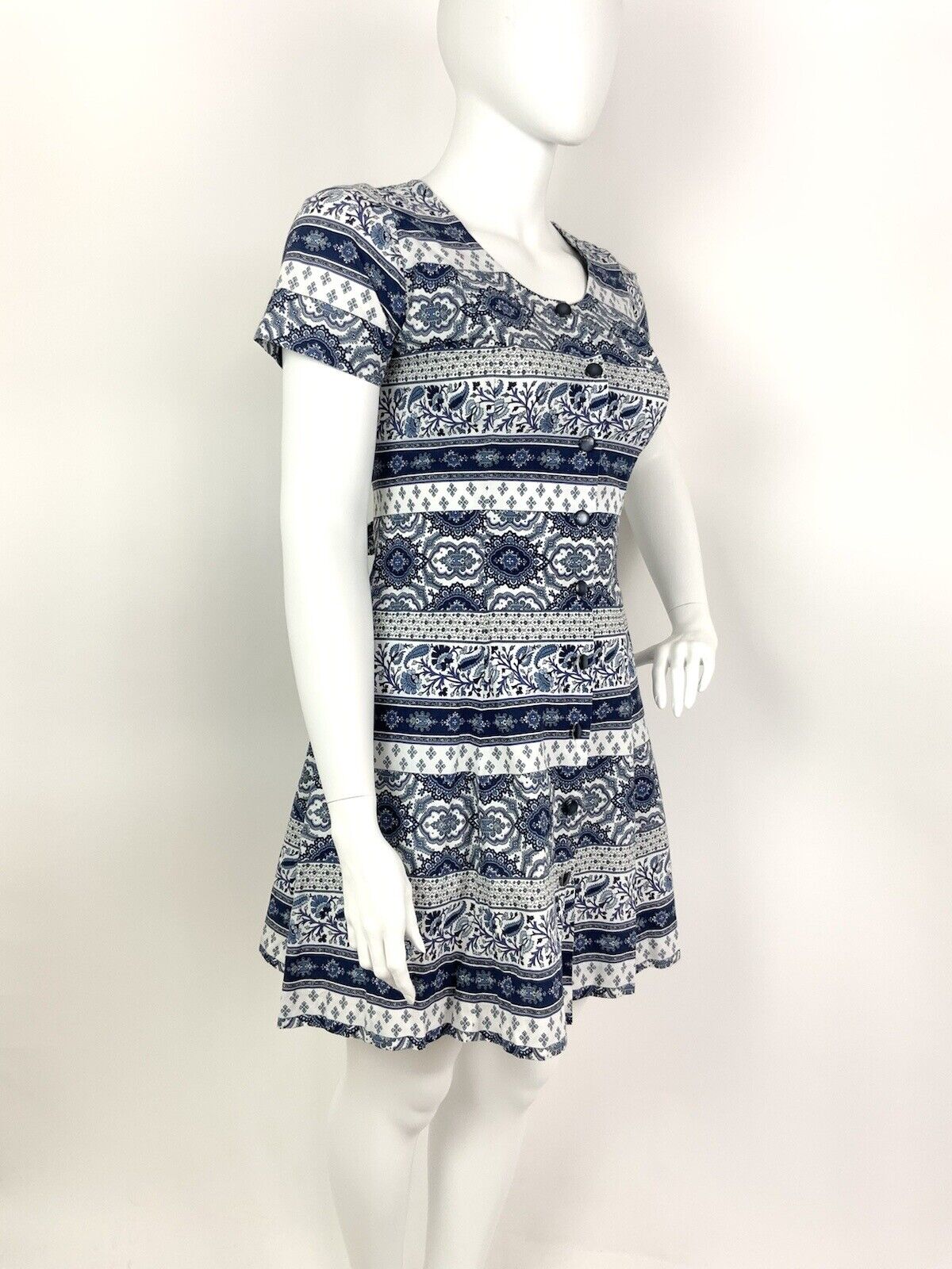 VINTAGE 60s 70s WHITE NAVY BLUE STRIPED FLORAL FOLK MOD SHORT DRESS 16