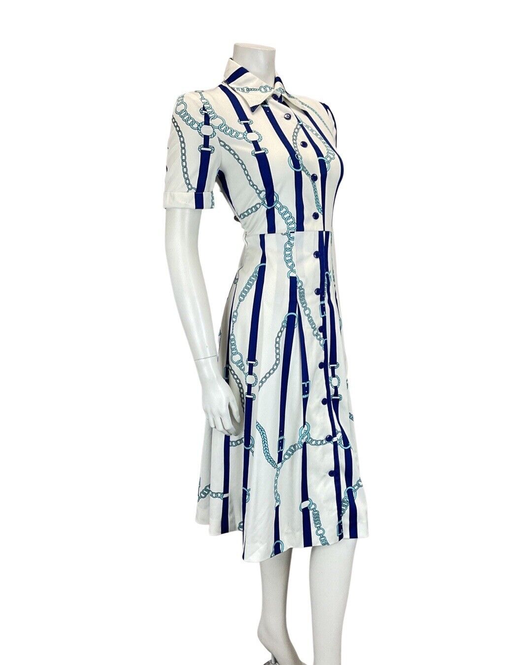 VINTAGE 60s 70s WHITE BLUE BELTED CHAIN MOD DAGGER COLLAR SHIRT DRESS 10