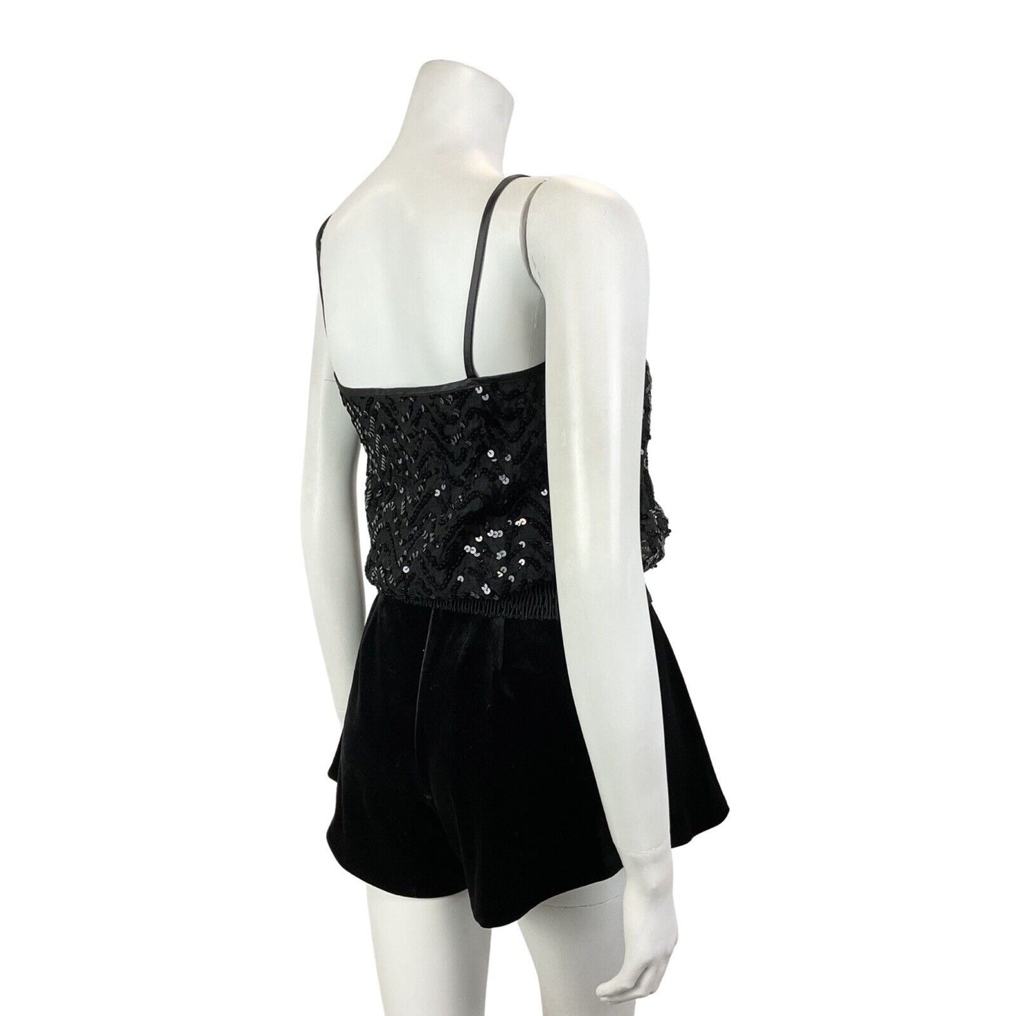 VINTAGE 70s BLACK WAVY SEQUIN BLOUSON SPAGHETTI STRAP STUDIO 54 DISCO TOP 8