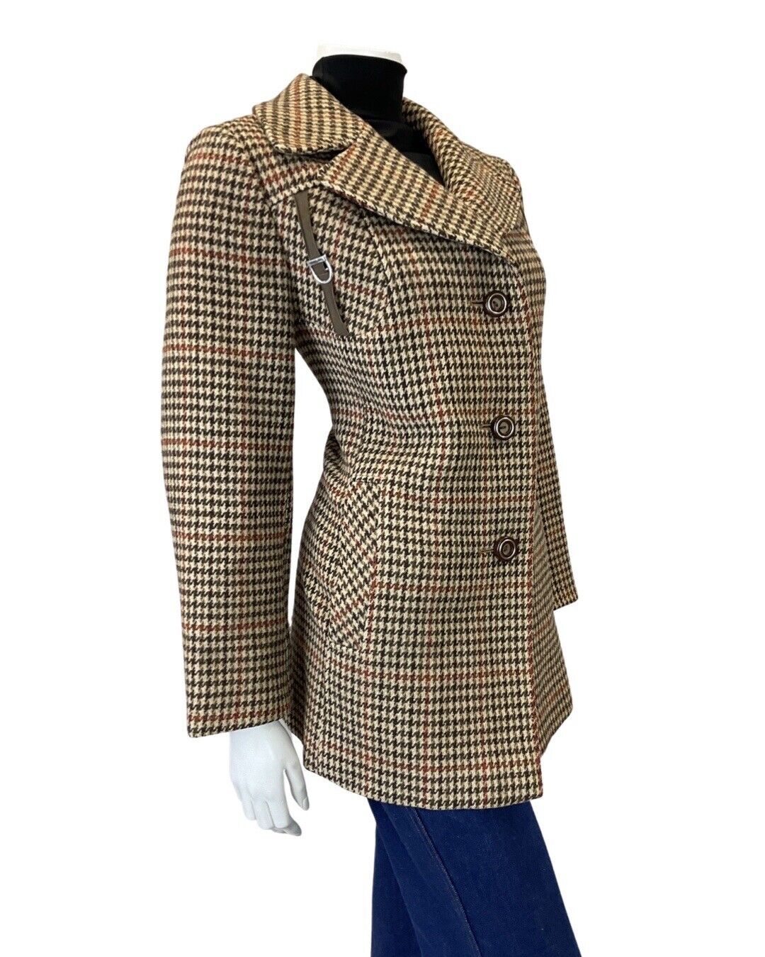 VINTAGE 60s 70s BROWN GREEN CREAM TWEED HOUNDSTOOTH SHORT WOOL COAT 14