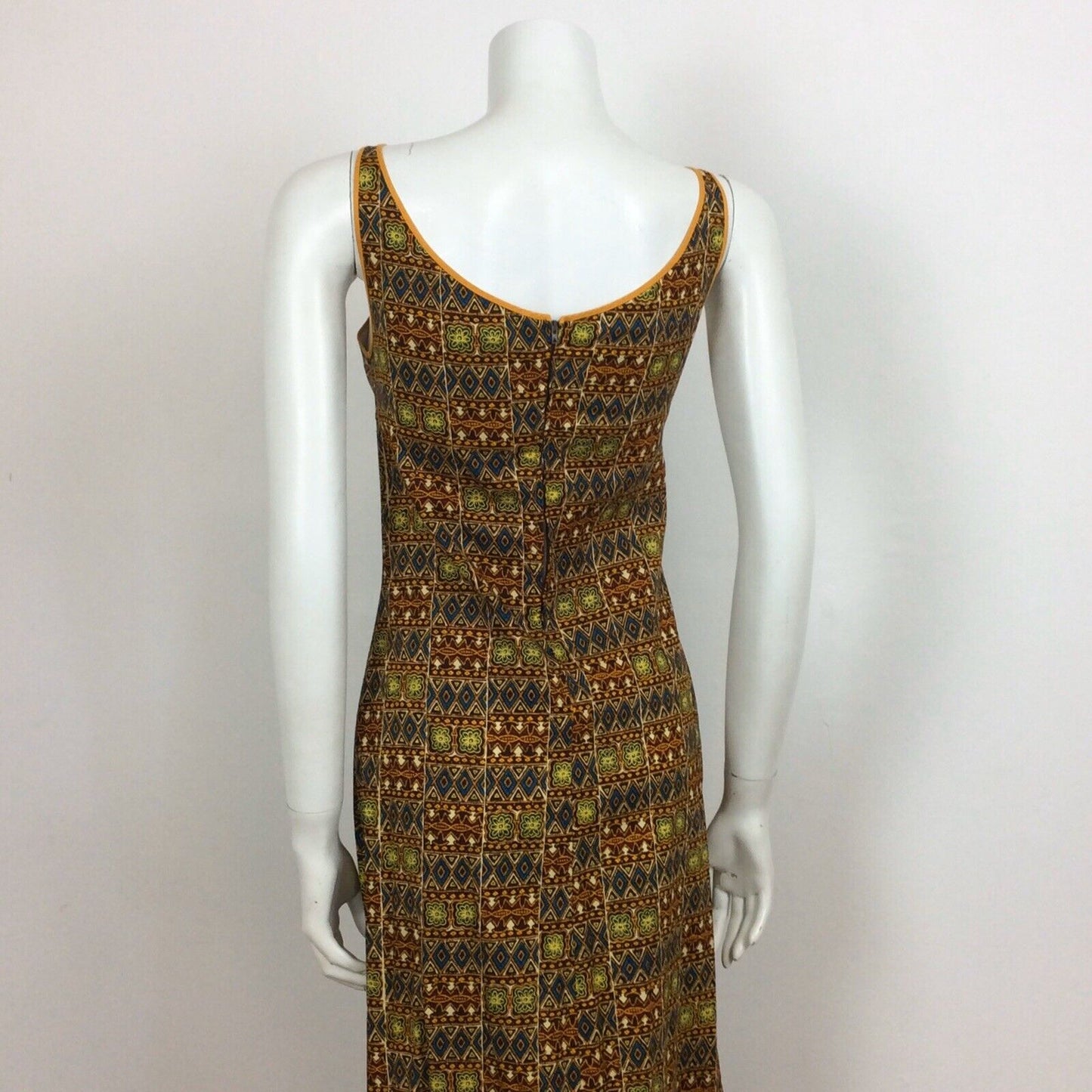 60S 70s VTG BROWN ORANGE BATIK PRINT FESTIVAL TRIBAL BOHO MAXI DRESS 10 12