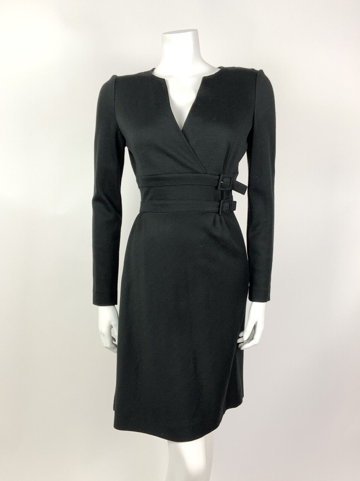 VINTAGE 60s 70s BLACK V-NECK BUCKLE BELT MOD DRESS 10 12