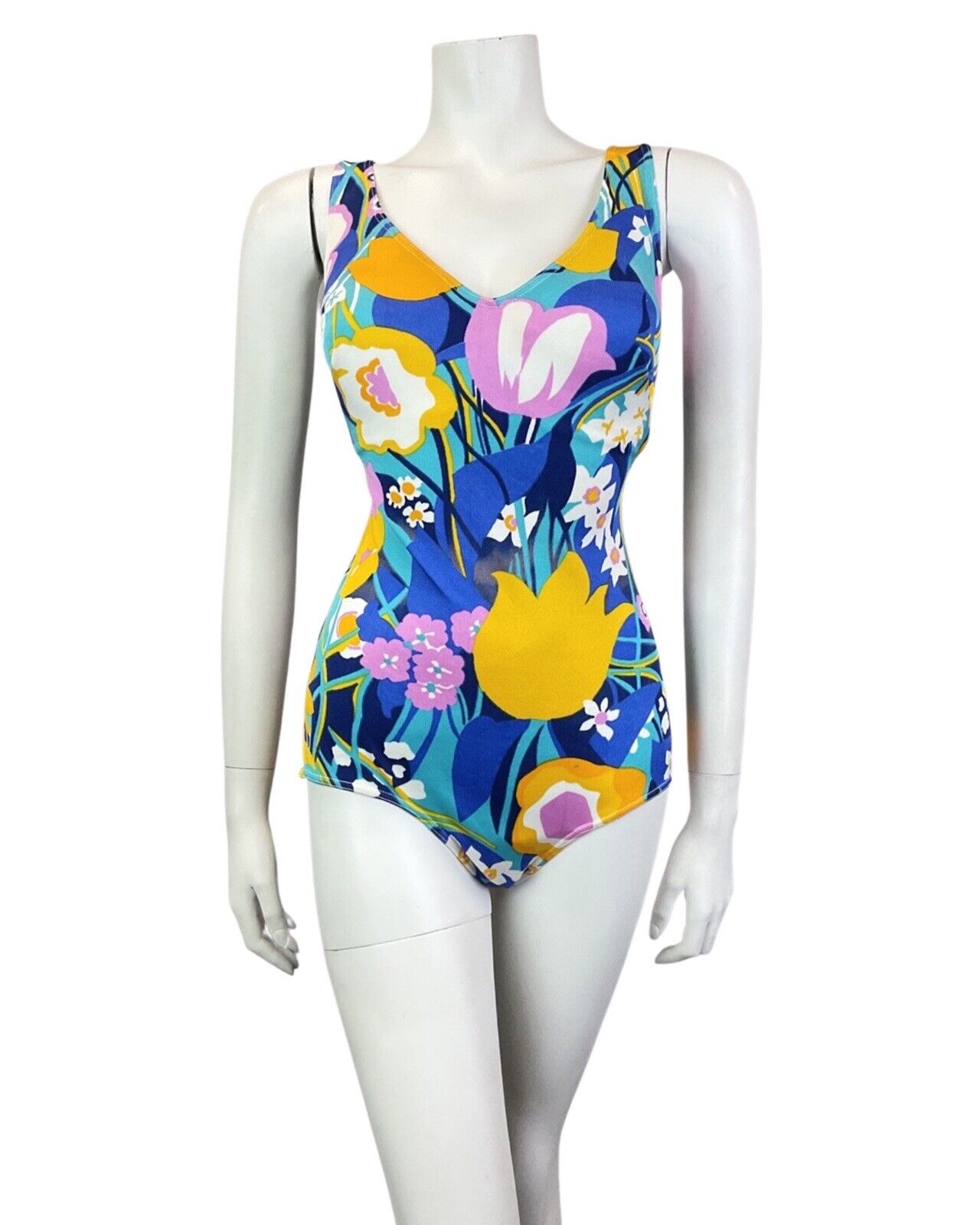 VINTAGE 60s 70s BLUE PINK YELLOW FLORAL PSYCHEDELIC SWIMSUIT BODYSUIT 14