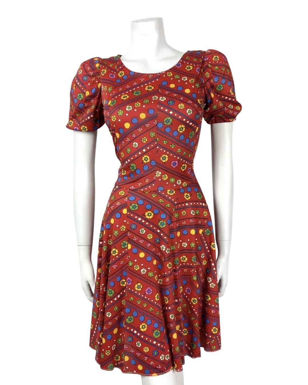 VTG 60s 70s RED BLUE YELLOW GREEN FLORAL DOTTY PUFF SLEEVE MOD SWING DRESS 8 10