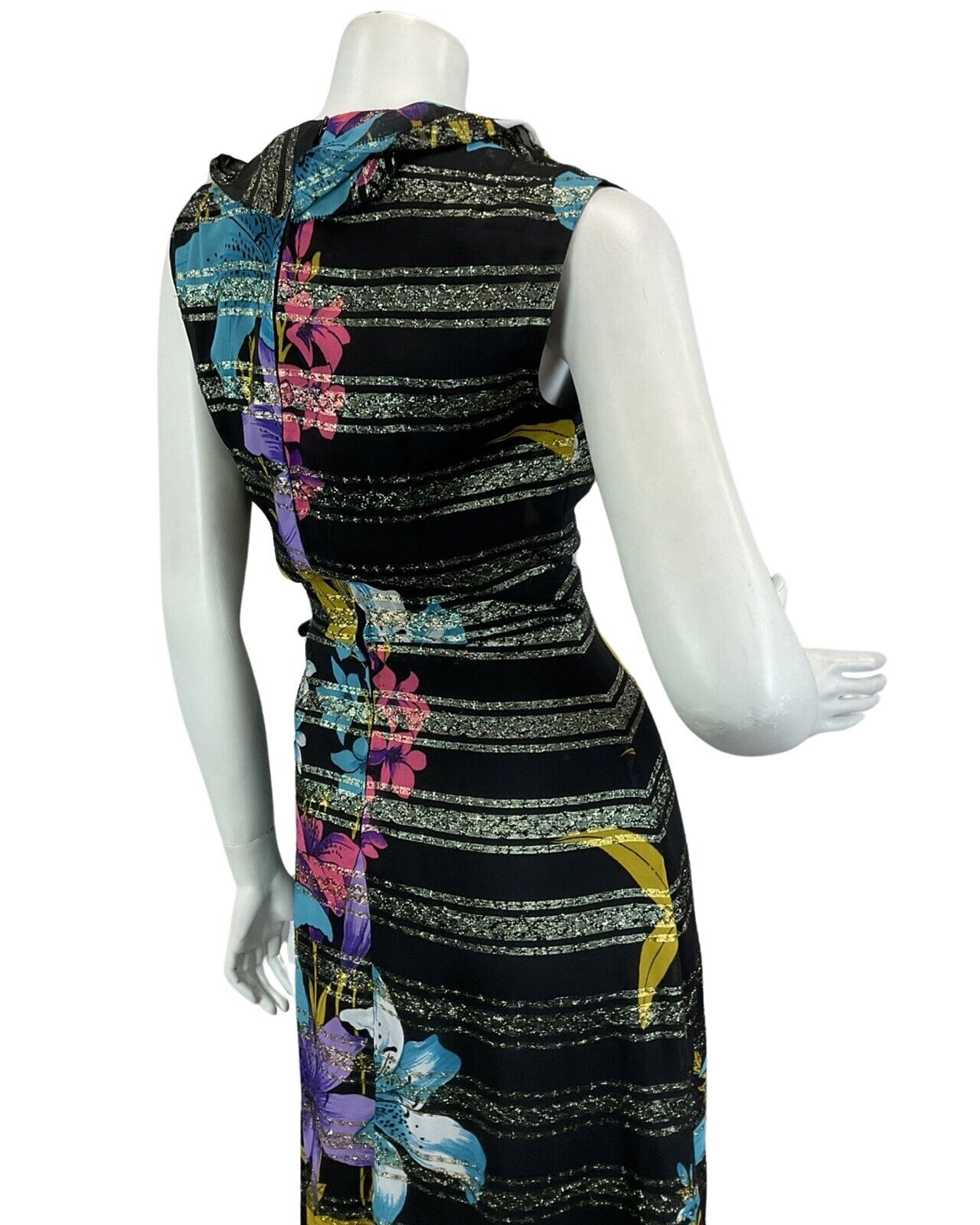 VINTAGE 60s 70s BLACK PINK BLUE FLORAL BOHO DISCO PARTY MAXI DRESS 8