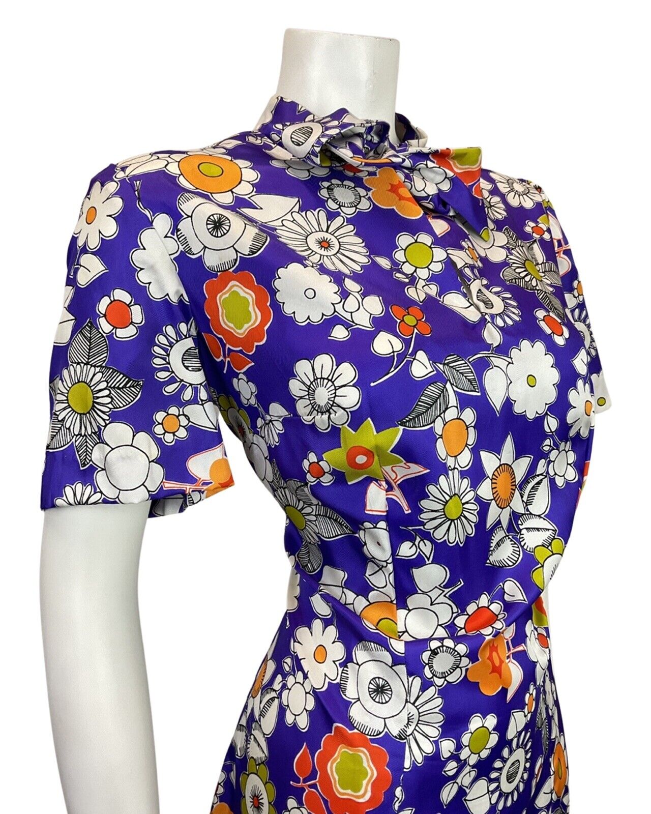 VINTAGE 60s 70s PURPLE WHITE ORANGE FLORAL DAISY PUSSYBOW MOD DRESS 14