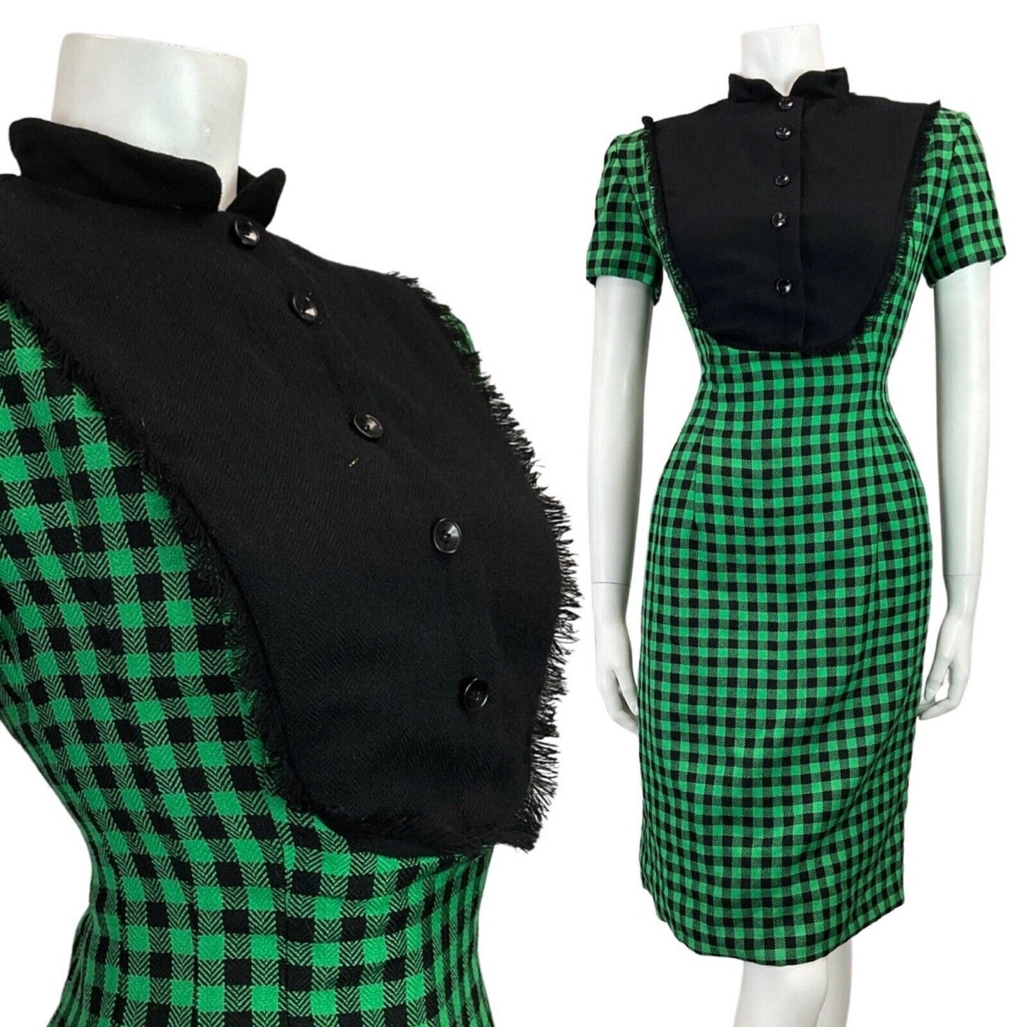 VINTAGE 60s 70s GREEN BLACK GINGHAM CHECKED MOD FITTED DRESS 8 10