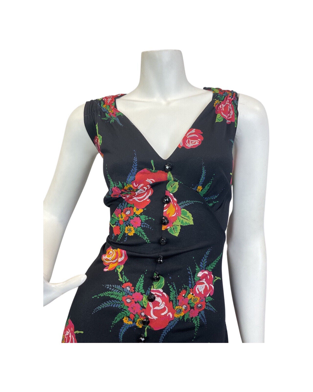 VINTAGE 60s 70s BLACK RED GREEN ROSE FLOWER BOUQUET SLEEVELESS MAXI DRESS 12 14