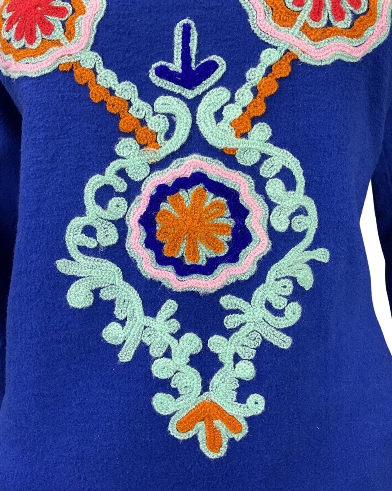 VTG 60s 70s BLUE ORANGE MIND CROCHETED RIC-RAC WAVY FLOWER BOHO FOLK BLOUSE 8 10