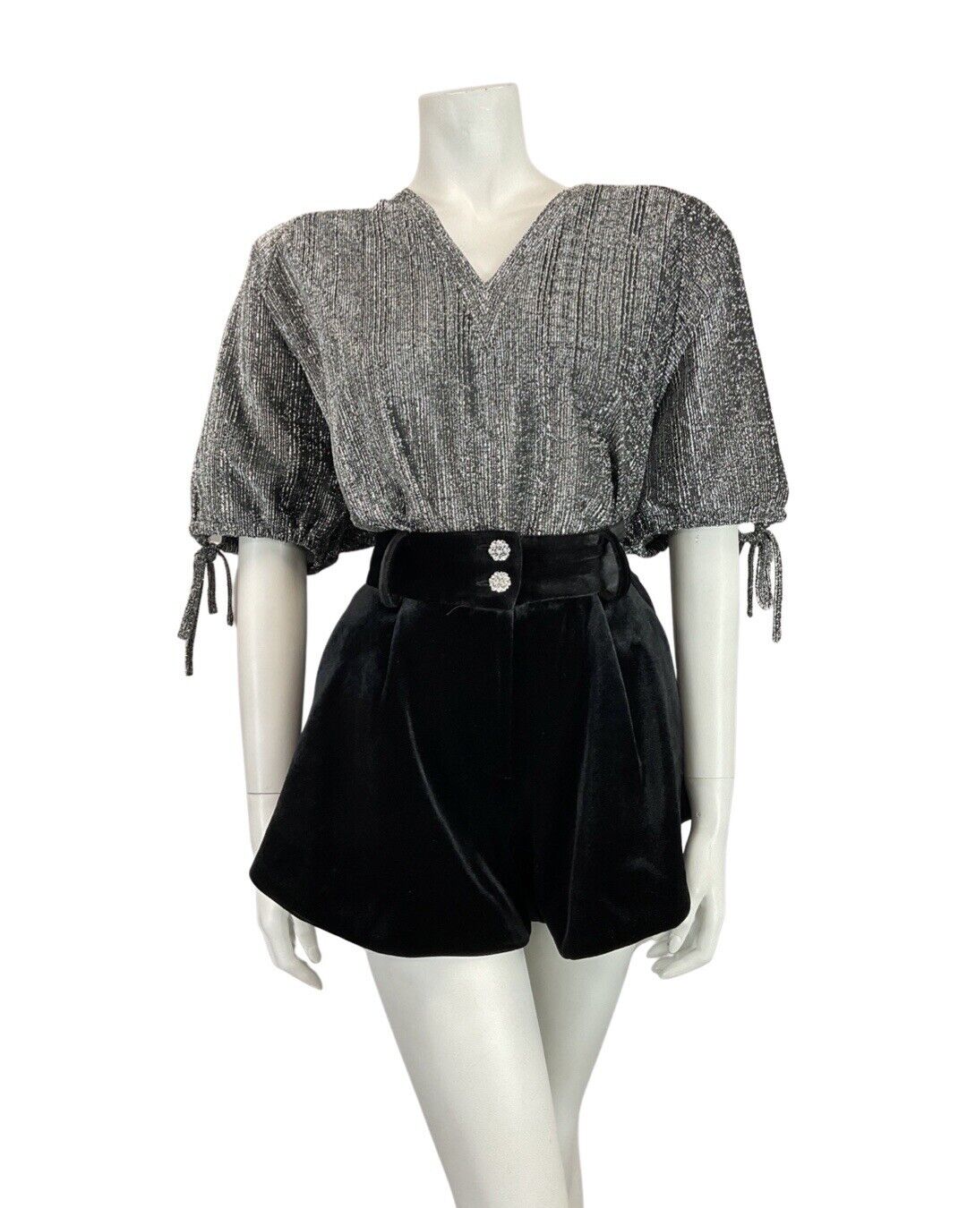 VINTAGE 60s 70s SILVER DISCO PARTY LUREX BLOUSE SHORT SLEEVE BLOUSE TOP 12 14