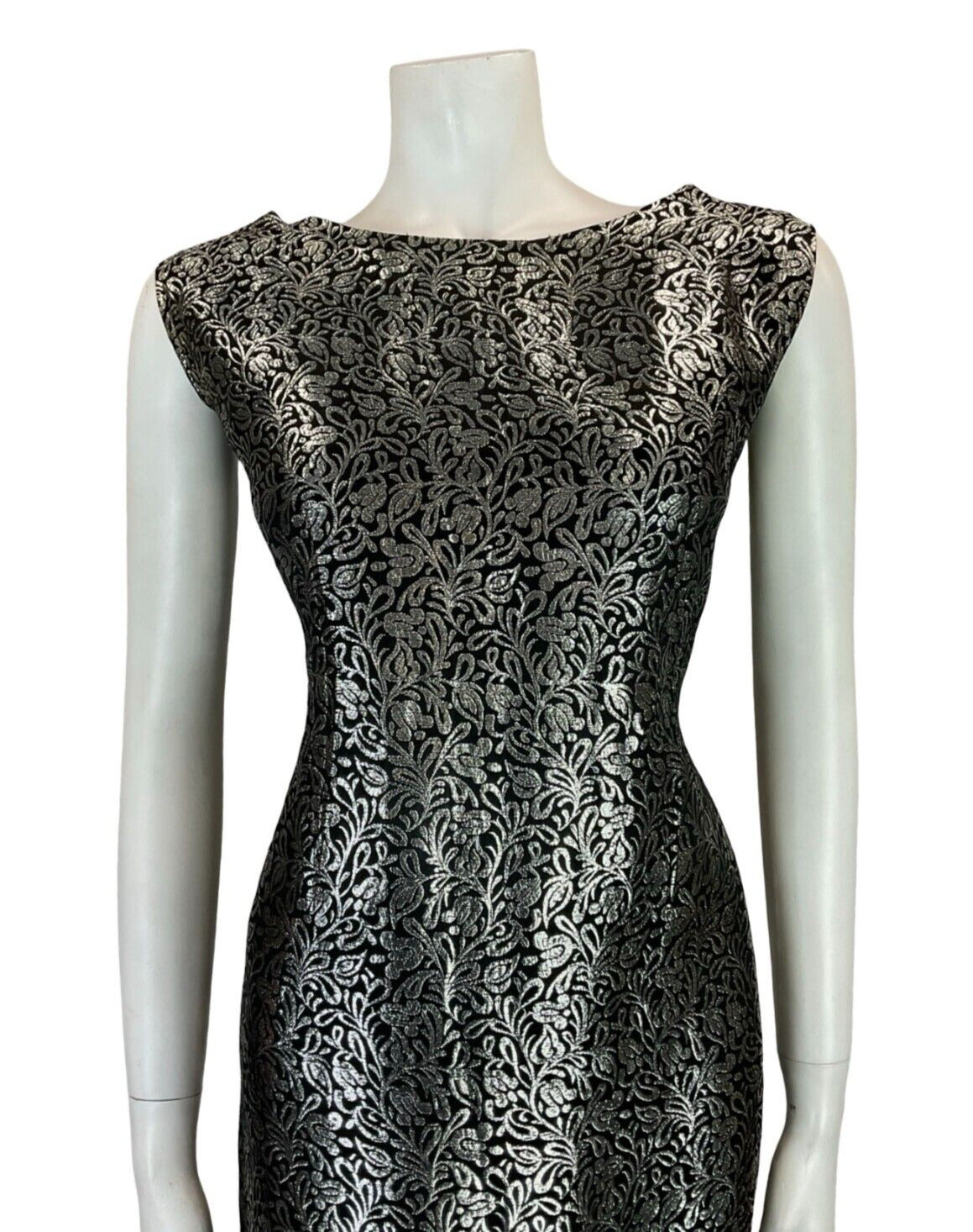 VTG 60S MOD BLACK SILVER FLORAL SHINY PARTY SLEEVELESS MINI DRESS SIZE 14 16