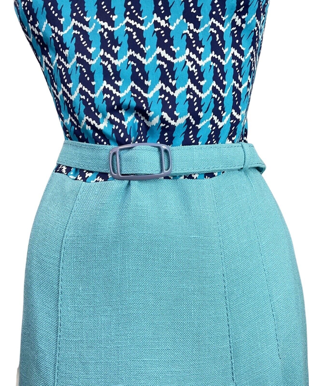 VINTAGE 60s 70s BLUE NAVY WHITE STRIPED ZIG-ZAG MOD BELTED DRESS 10 12
