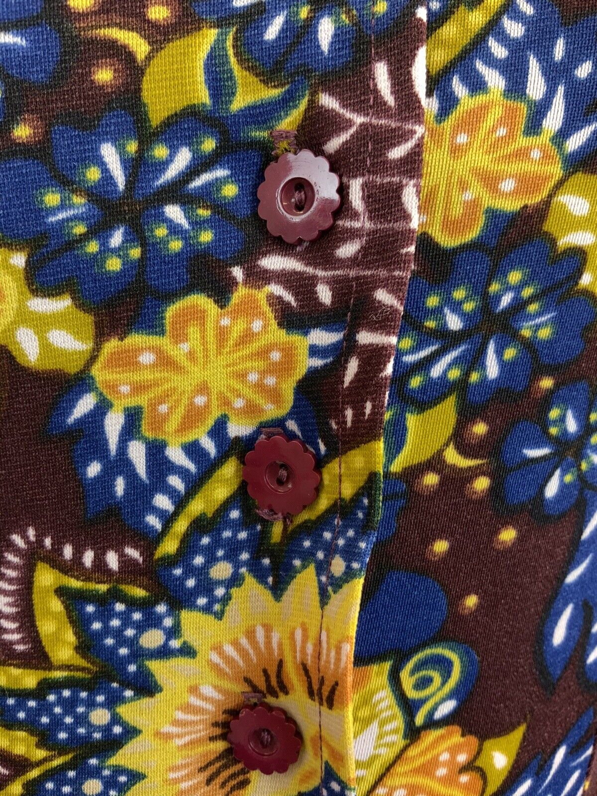 VINTAGE 60s 70s BURGUNDY BLUE GREEN BEIGE FLORAL LEAFY DOTTY FOLK MAXI DRESS 8