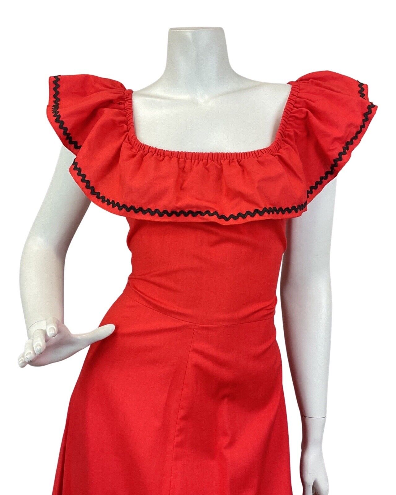 VINTAGE 60s 70s RED BLACK RIC-RAC FLORAL BARDOT RUFFLE BOHO FOLK MAXI DRESS 8