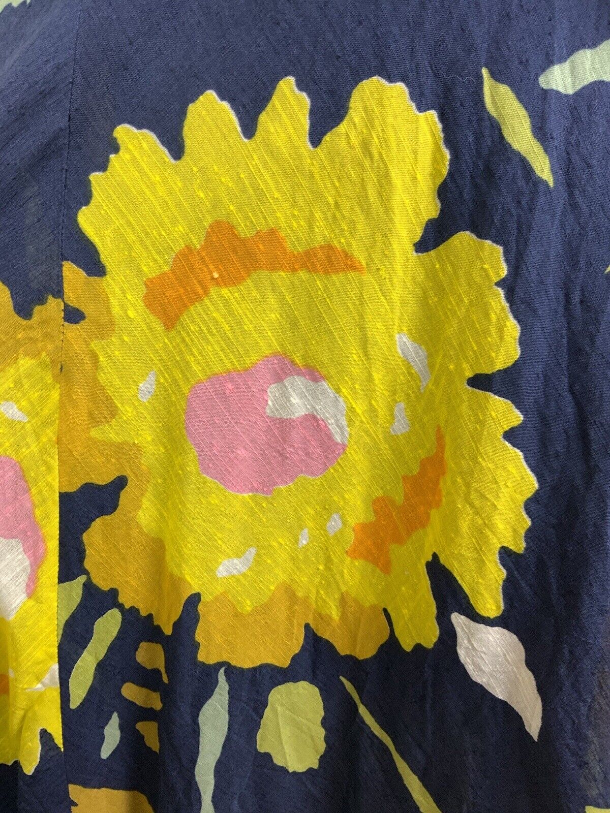 VINTAGE 60s 70s NAVY BLUE YELLOW PINK FLORAL V-NECK SWING SUMMER DRESS 8 10