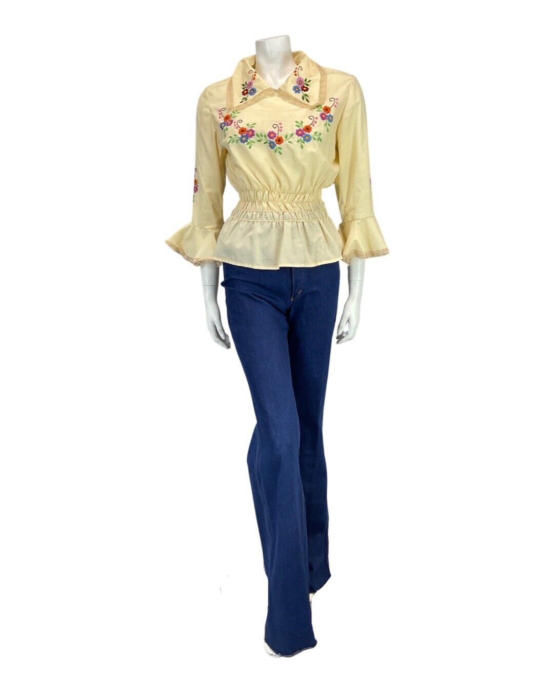 VINTAGE 70s CREAM PURPLE RED FLORAL EMBROIDERED PRAIRIE BOHO FOLK BLOUSE 10 12