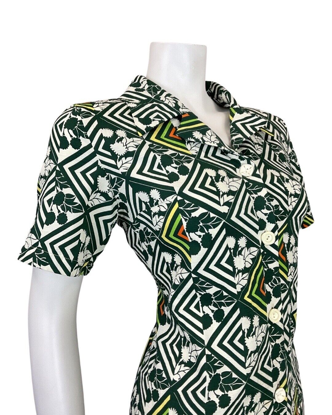 VINTAGE 60s 70s GREEN WHITE YELLOW GEOMETRIC BERRY FLORAL MOD SHIRT DRESS 12 14
