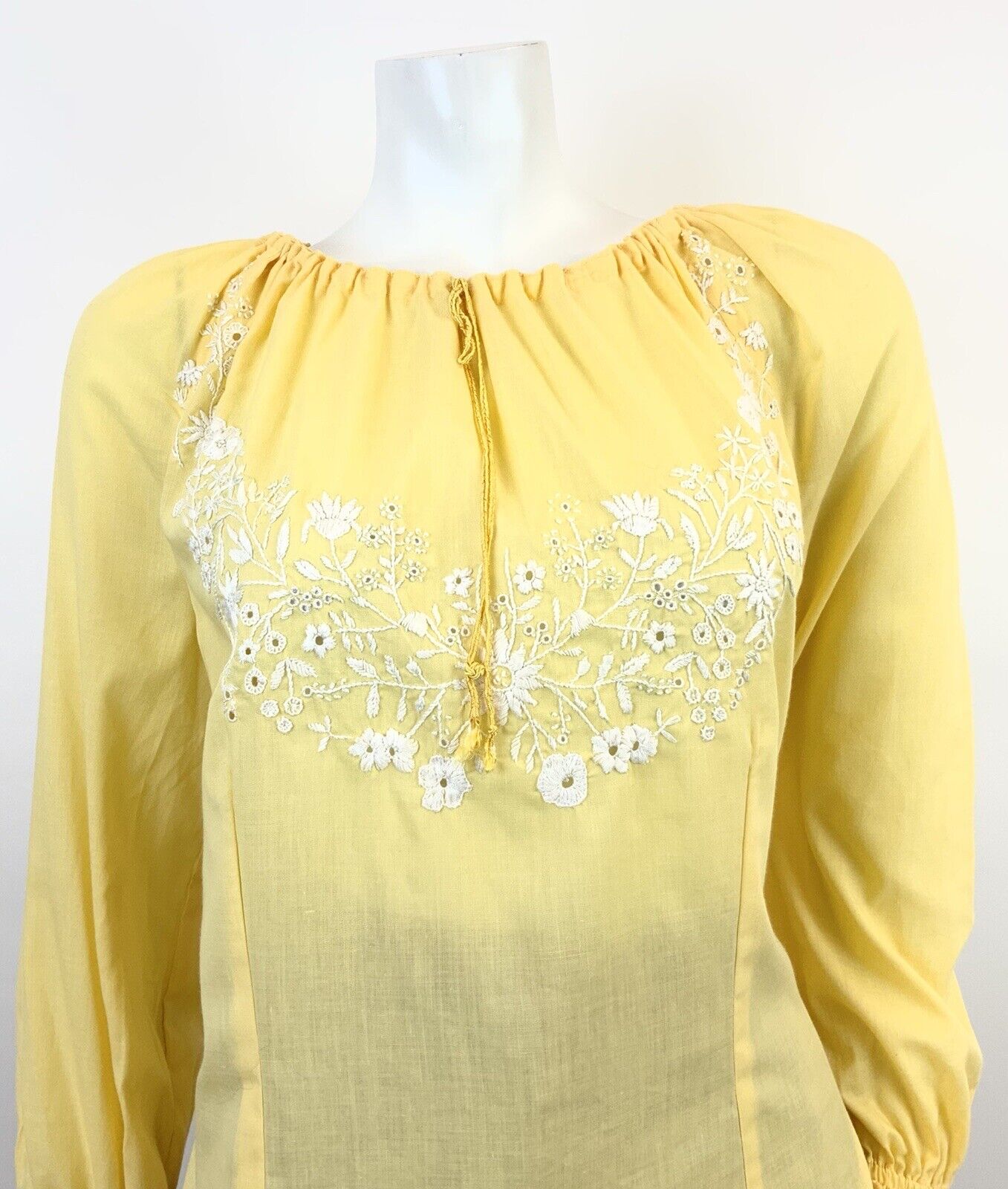 VINTAGE 60s 70s YELLOW WHITE FLORAL ANGLAISE EMBROIDERY BOHO FOLK BLOUSE 14 16