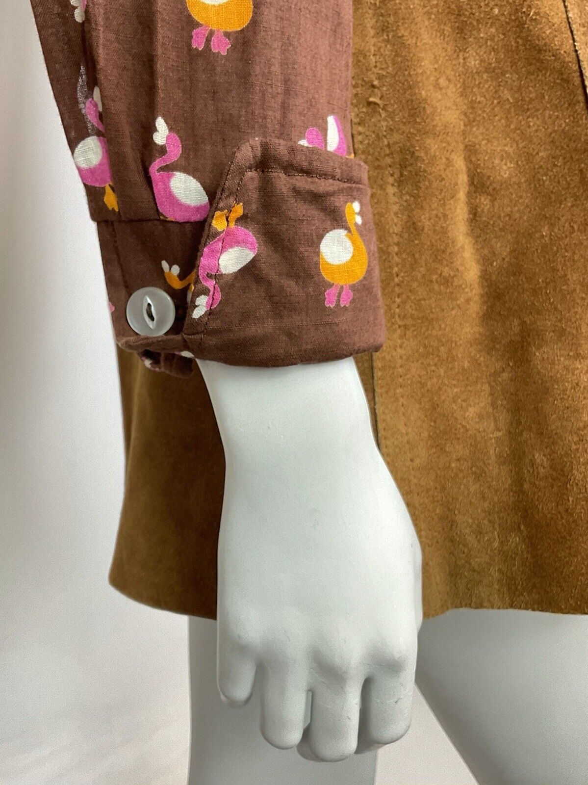 VINTAGE 60s 70s BROWN PINK YELLOW BIRD FLAMINGO MOD DAGGER SHIRT BOUSE 12 14