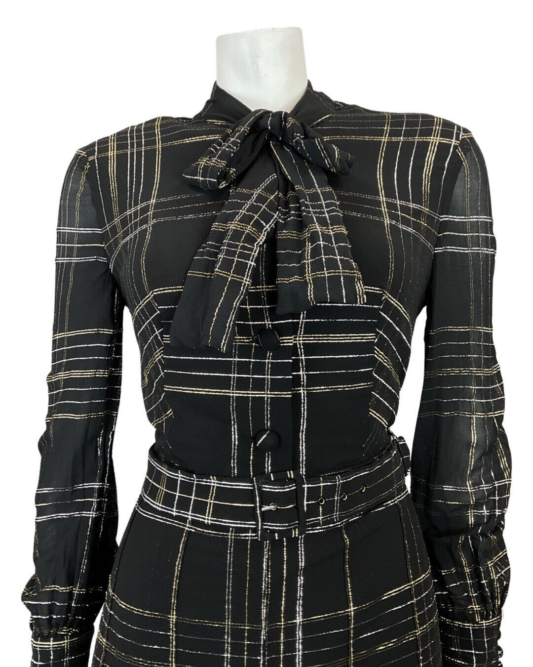 VINTAGE 60s 70s BLACK GOLD SILVER CHECKED MOD SHEER PUSSYBOW SHIRT DRESS 12
