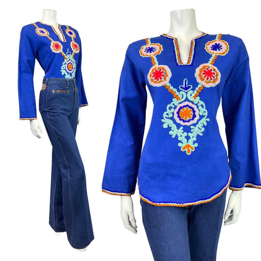 VTG 60s 70s BLUE ORANGE MIND CROCHETED RIC-RAC WAVY FLOWER BOHO FOLK BLOUSE 8 10