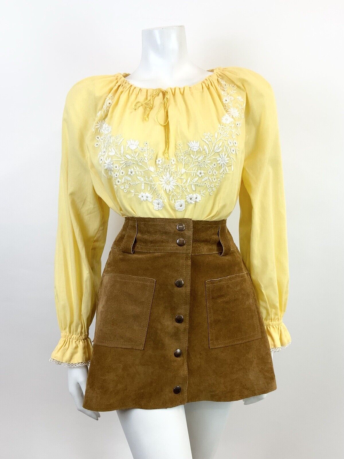 VINTAGE 60s 70s YELLOW WHITE FLORAL ANGLAISE EMBROIDERY BOHO FOLK BLOUSE 14 16