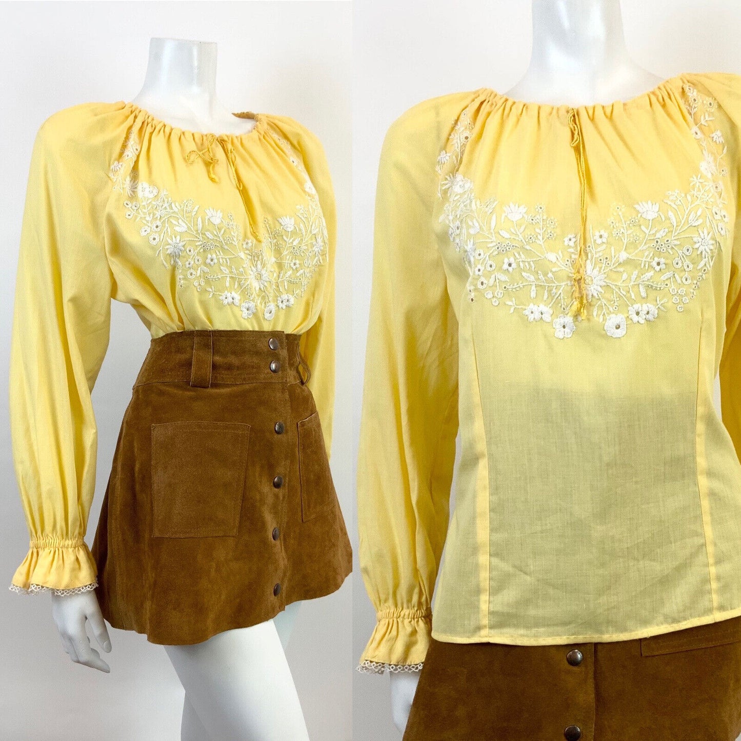 VINTAGE 60s 70s YELLOW WHITE FLORAL ANGLAISE EMBROIDERY BOHO FOLK BLOUSE 14 16